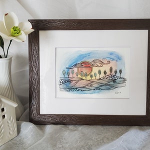 Watercolor  original, framed and matted paintings, abstract modern handmade art