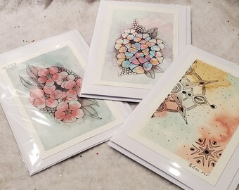 Handmade flower notecards, original, hand-painted watercolors, with envelopes set of 3.