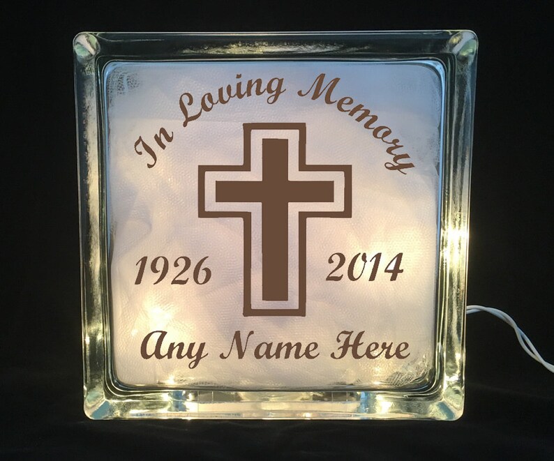 Cross In Loving Memory Memorial Lighted Glass Block Night Etsy