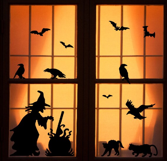 Reusable Halloween Window Clings Witch with Cauldron Black Etsy