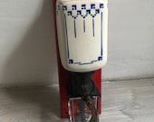 Antique french wall coffee grinder- ceramic white and blue mounted coffee mill - early century
