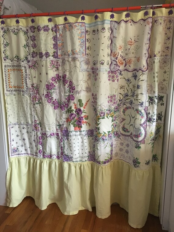 Patchwork Shower Curtain With Ruffle And Vintage Hankies Etsy