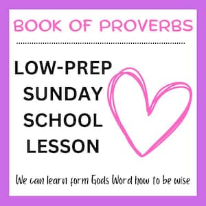 May include: A pink heart graphic with the text "BOOK OF PROVERBS" at the top and "LOW-PREP SUNDAY SCHOOL LESSON" below. The text "We can learn form Gods Word how to be wise" is at the bottom.