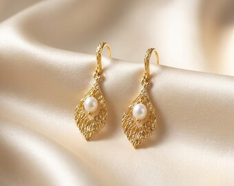 14K Gold Plated Pearl Drop Earrings: Elegant freshwater pearl Bridal Jewelry