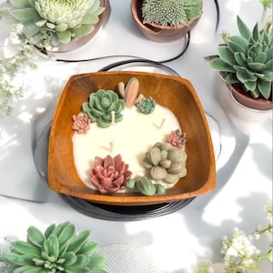 Beeswax Cactus Candle in Wood Pot: Succulent Garden Decor