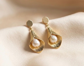 14K Gold Plated Freshwater Pearl Drop Earrings: Elegant Bridal Jewelry