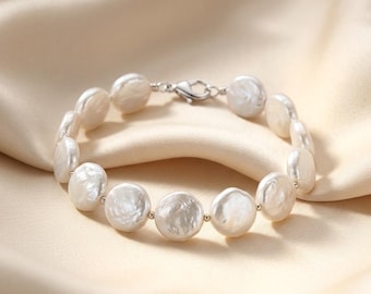 Coin Pearl Bracelet: Magnetic Clasp, Elastic Stretch bride, bridesmaid bracelet, Minimalist bridal Jewelry, gift for her