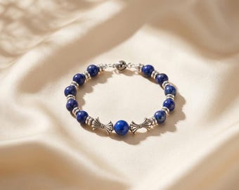 Handgemaakte armband van lapis lazuli kralen, elastische band, magnetische sluiting, sieraad van natuursteen