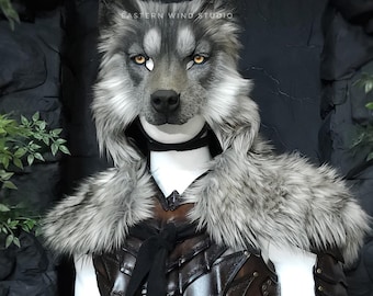 Realistic faux fur wolf mask headdress combo - Silver