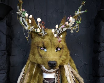 Leshy Forest Spirit Wolf Mask headdress combo - animal friendly, synthetic fur, (READ ITEM DETAILS before ordering please!)