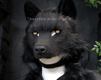 Realistic faux fur wolf mask headdress combo - Black