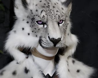 Realistic faux fur snow leopard mask headdress combo