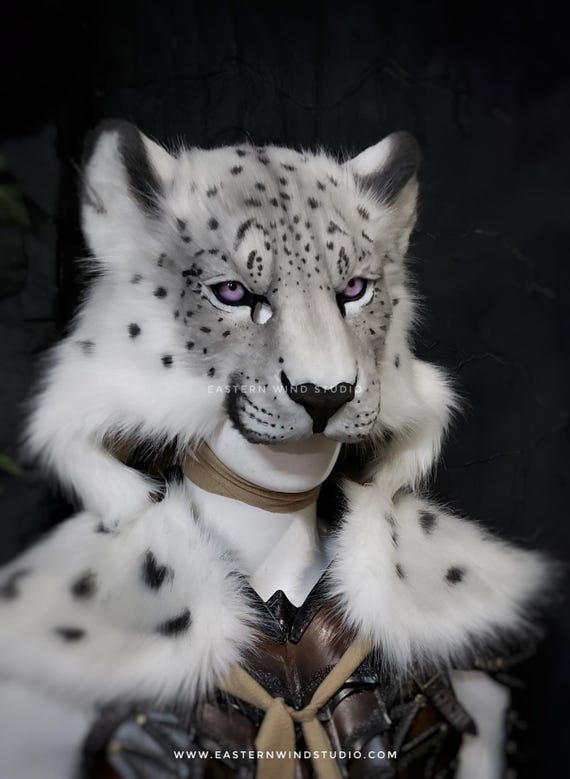 Realistic faux fur snow leopard mask headdress combo