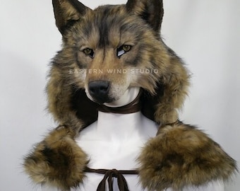 Coastal wolf Mask/ headdress combo - animal friendly, synthetic fur, (READ ITEM DETAILS before ordering please!)