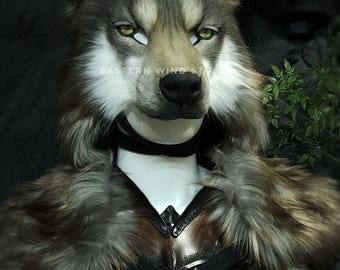 Realistic faux fur wolf mask headdress combo - Alpine