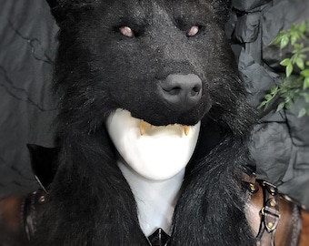 Realistic Faux fur black wolf headdress - discounted