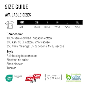 May include: A size guide with available sizes for a garment. The guide includes sizes XS to XL, with measurements in inches. Composition details include cotton and viscose percentages. Style features include reinforcing tape, elastane rib collar, and short sleeves.