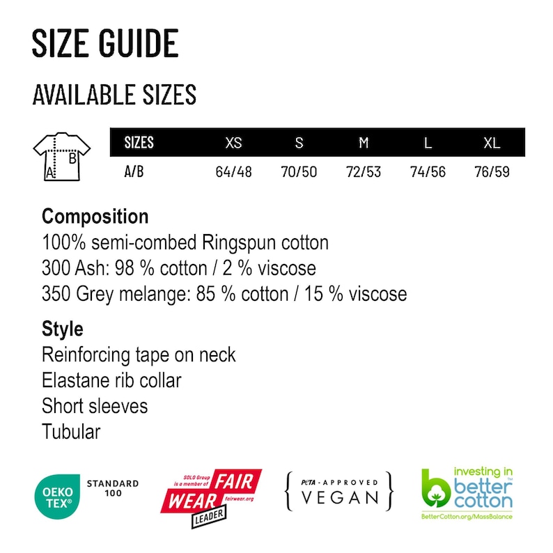 May include: A size guide with available sizes for a garment. The guide includes sizes XS to XL, with measurements in inches. Composition details include cotton and viscose percentages. Style features include reinforcing tape, elastane rib collar, and short sleeves.
