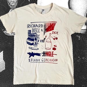 Camiseta de Richard Hell and the Voidoids en rojo y azul sobre blanco roto