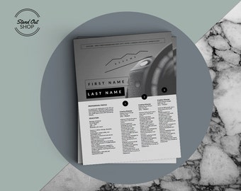 May include: A black and white resume template with a camera graphic. The resume includes the text "First Name Last Name" and sections for "Professional Profile", "Education", and "Experience".