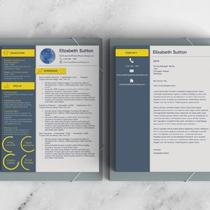 Peut inclure: Un mod&egrave;le de CV et de lettre de motivation de deux pages avec un sch&eacute;ma de couleurs bleu fonc&eacute; et jaune. La mise en page comprend des sections pour l'&eacute;ducation, les comp&eacute;tences et l'exp&eacute;rience avec des espaces r&eacute;serv&eacute;s pour Elizabeth Sutton.