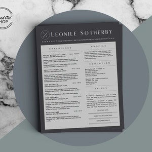 May include: Black and white resume with the name Leonile Sotherby at the top. The resume lists experience, education, and skills. The resume is on a gray background.