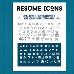 Peut inclure: Un document blanc intitul&eacute; RESUME ICONS en texte noir, avec des instructions pour copier et coller les ic&ocirc;nes. Il pr&eacute;sente une collection d'ic&ocirc;nes en ligne noire et un bloc rectangulaire bleu fonc&eacute; contenant les m&ecirc;mes ic&ocirc;nes en blanc, incluant des symboles de courrier, technologie et voyage.