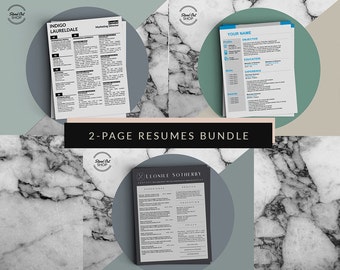 May include: A 2-page resume bundle featuring three distinct document templates with professional layouts, contact sections, experience, and education fields, presented against a marble-patterned background with circular overlays.