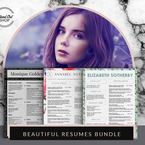 Może przedstawiać: Trzy różne szablony CV z kwiatowymi i geometrycznymi wzorami. Tekst "Beautiful Resumes Bundle" znajduje się na dole obrazu.