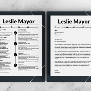 Op de afbeelding: Een zwart-witte cv en sollicitatiebrief voor Leslie Mayor. De cv vermeldt haar ervaring in social media, analytics en webdesign. De sollicitatiebrief is gericht aan een hiring manager.