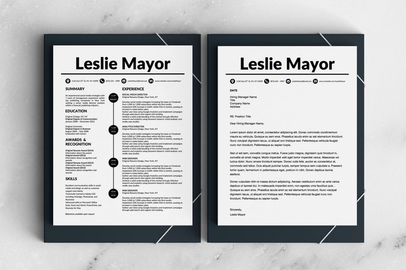 Op de afbeelding: Een zwart-witte cv en sollicitatiebrief voor Leslie Mayor. De cv vermeldt haar ervaring in social media, analytics en webdesign. De sollicitatiebrief is gericht aan een hiring manager.