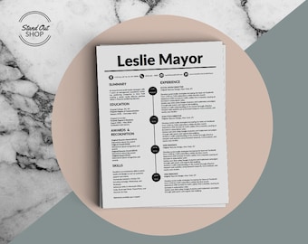 May include: Black and white resume template with the name Leslie Mayor at the top. The resume includes sections for summary, education, awards & recognition, skills, and experience.