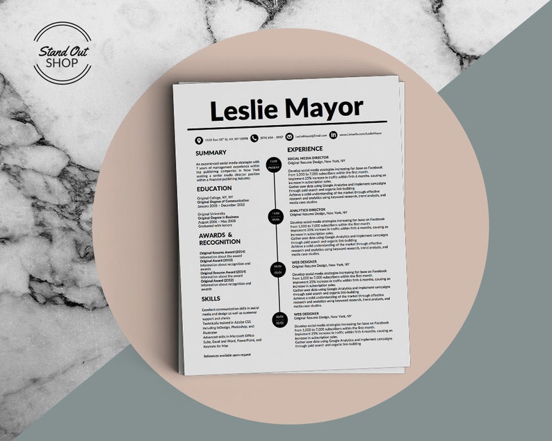 Op de afbeelding: Een zwart-wit cv-sjabloon met de naam Leslie Mayor bovenaan. Het cv bevat secties voor samenvatting, opleiding, prijzen & erkenning, vaardigheden en ervaring.