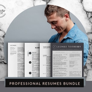 Peut inclure: Un ensemble de CV professionnels avec trois modèles différents. Les CV sont en noir et blanc avec un design moderne. Le texte "Professional Resumes Bundle" est imprimé en blanc sur fond noir.