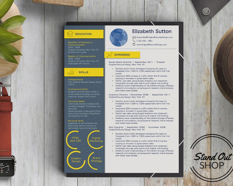 Peut inclure: Un mod&egrave;le de CV professionnel pour Elizabeth Sutton avec une barre lat&eacute;rale gris fonc&eacute; et des en-t&ecirc;tes jaunes pour l'&eacute;ducation, les comp&eacute;tences et l'exp&eacute;rience. Le document comprend des sections pour les coordonn&eacute;es et le parcours professionnel.