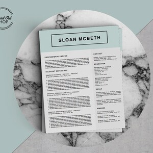 May include: A light blue resume template with black text. The resume is for Sloan McBeth and includes contact information, education, skills, and work experience. The resume is on a marble background.