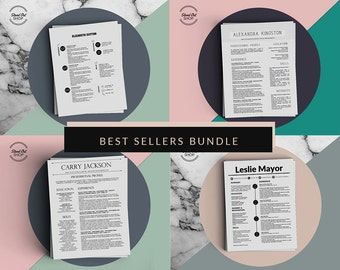 Könnte beinhalten: Ein Bündel aus vier weißen Lebenslauf-Vorlagen mit schwarzem Text und unterschiedlichen Layouts. Jedes Dokument zeigt oben einen eindeutigen Namen, darunter Elizabeth Sutton, Alexandra Kingston, Carry Jackson und Leslie Mayor, mit einem Best Sellers Bundle Etikett.