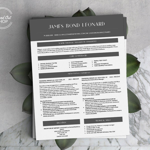 James Bond Leonard Resume Template for Microsoft Word and Apple Pages in 1 and 2 Page Formats and US Letter and A4 International Sizes