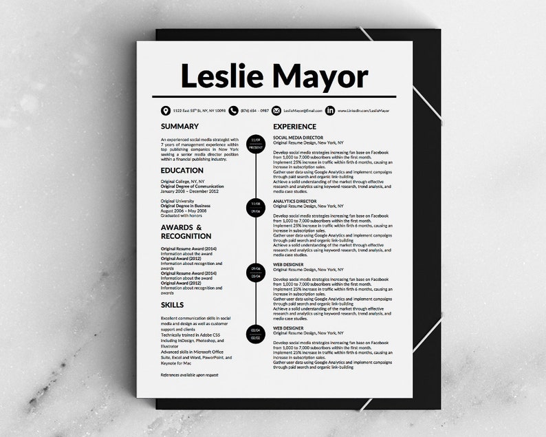 Op de afbeelding: Een zwart-witte cv met de naam Leslie Mayor bovenaan. De cv vermeldt werkervaring, opleiding, onderscheidingen en vaardigheden. De cv is geformatteerd met een tijdlijn aan de rechterkant van de pagina.
