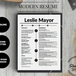 Op de afbeelding: Een zwart-witte cv-sjabloon met de titel "Modern Resume" en de naam "Leslie Mayor" bovenaan. De cv bevat secties voor samenvatting, opleiding, prijzen en erkenning, vaardigheden en ervaring.