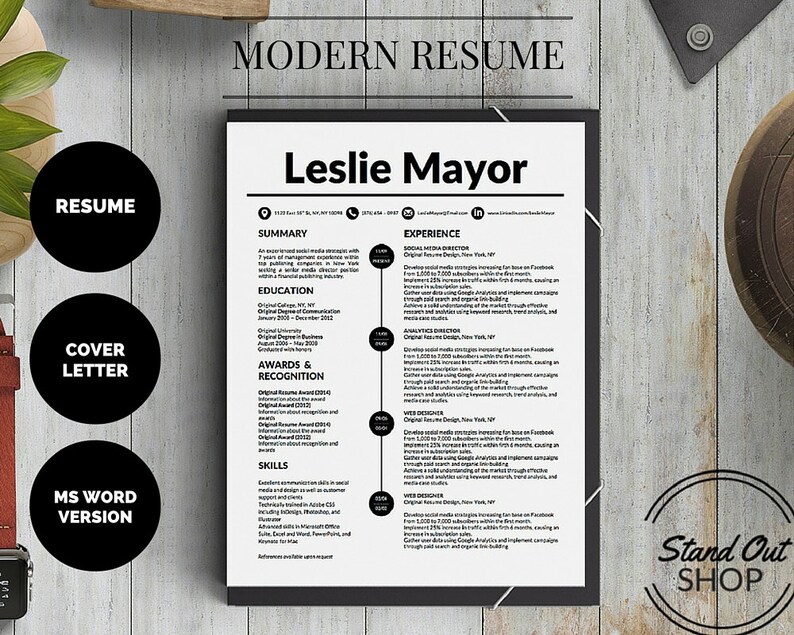 Op de afbeelding: Een zwart-witte cv-sjabloon met de titel "Modern Resume" en de naam "Leslie Mayor" bovenaan. De cv bevat secties voor samenvatting, opleiding, prijzen en erkenning, vaardigheden en ervaring.