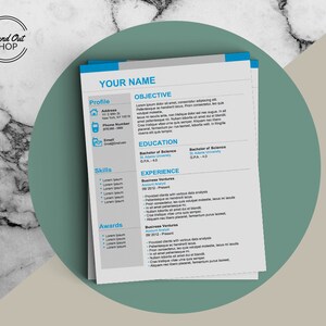 May include: A black and white resume template with blue accents. The resume includes sections for profile, objective, education, experience, skills, and awards. The text "Stand Out Shop" is at the top of the page.
