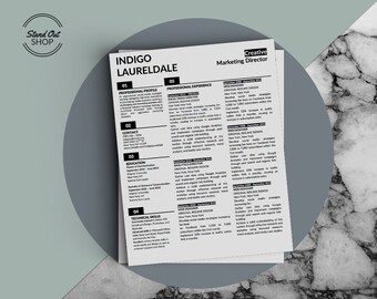 Könnte beinhalten: Eine schwarz-weiße Lebenslaufvorlage mit dem Namen Indigo Laurel dale und dem Titel Kreativer Marketingdirektor. Der Lebenslauf enthält Abschnitte für das berufliche Profil, Kontaktinformationen, Ausbildung, technische Fähigkeiten und Berufserfahrung.