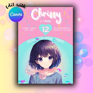 Editable Anime Birthday Invitation, Anime Birthday Party, Pink Birthday Invitation Template, Canva