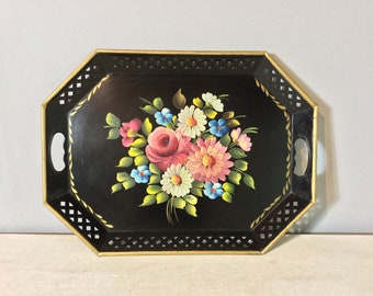 Vintage black tole metal tray with pink and white flowers and gold handles