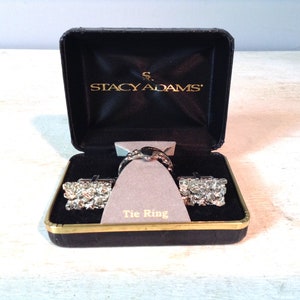 Stacy Adams Silver Tone Textured Cufflinks and Tie Ring Set, Vintage Silver Metal Hammered Cuff Links and Tie Clip Set