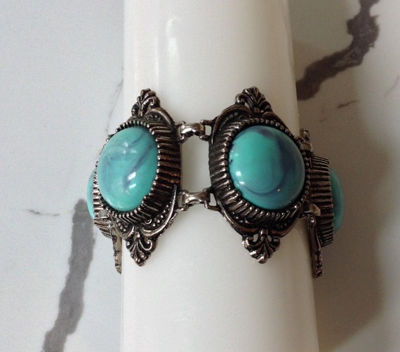 Vintage Chunky Faux Turquoise Link Bracelet,  Sil… - image 6