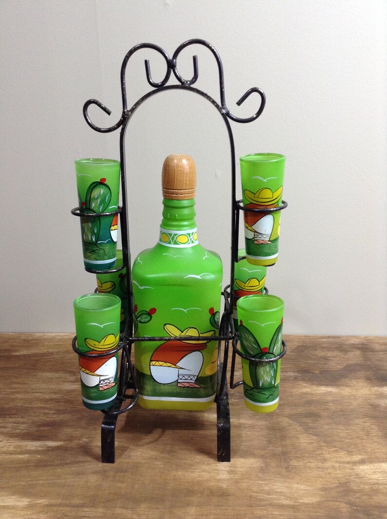 Hand Painted Mexican Tequila Decanter with 6 Matching Shot Etsy