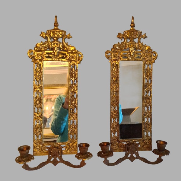 Pair of Vintage Brass Mirror Candle Holder Wall Sconces with Koi Fish Design, Antique Art Nouveau Mirrored Wall Sconces with Koi Fish