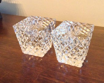 Pair of Vintage Glass Diamond Cut Candle Holders, Heavy Diamond Cut Glass or Crystal Candlestick Holders